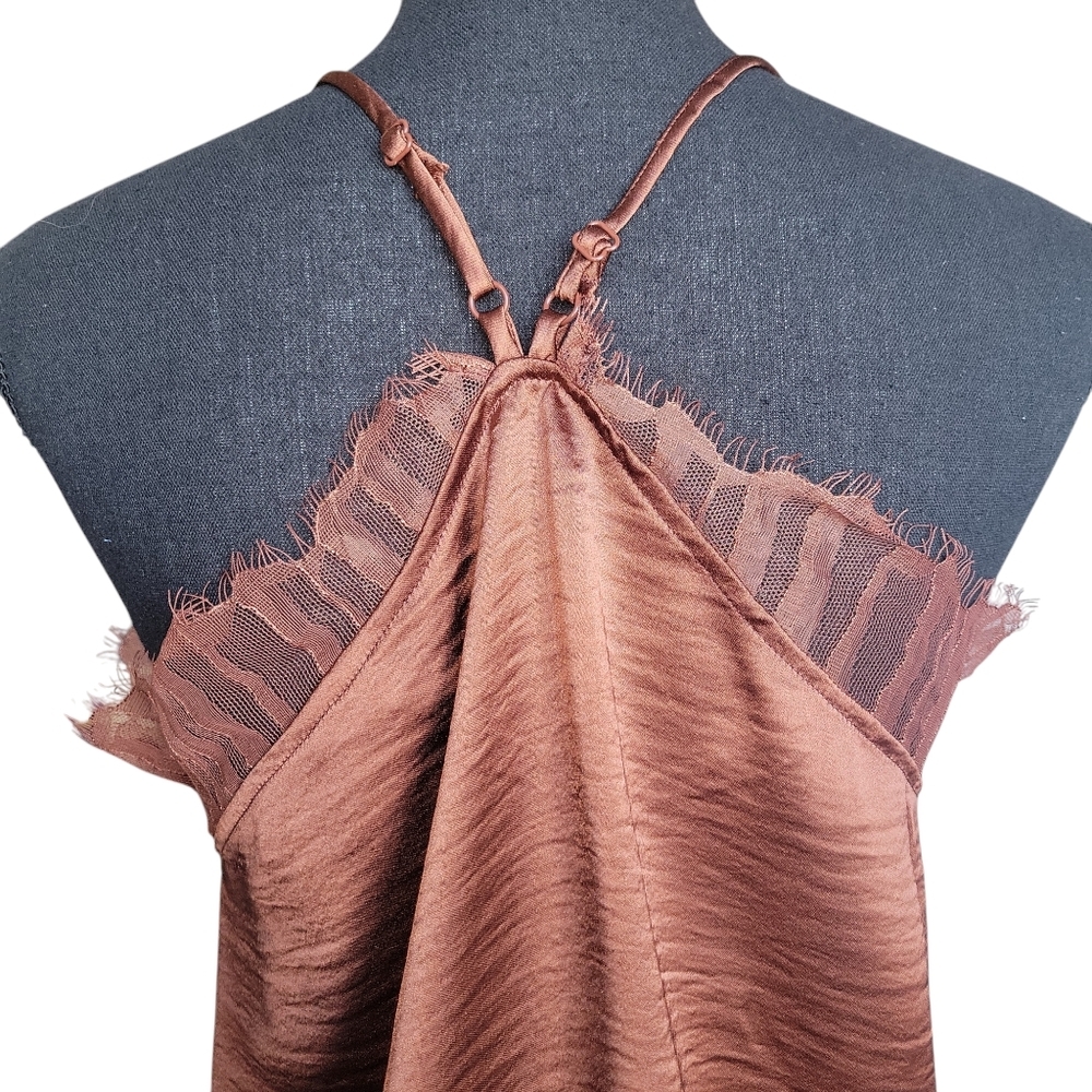 Frye NWT Brown Satin Eli Lace-Trim Racerback Tank Women's Size M FLAWS - Picture 6 of 16